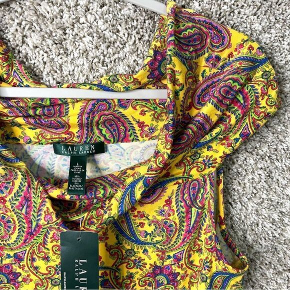 Lauren Ralph Lauren Top Women’s Large Yellow/Pink Paisley Print Short Sleeve NWT - Picture 2 of 5